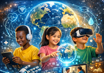 Children using tablets in a classroom with a digital globe displaying.