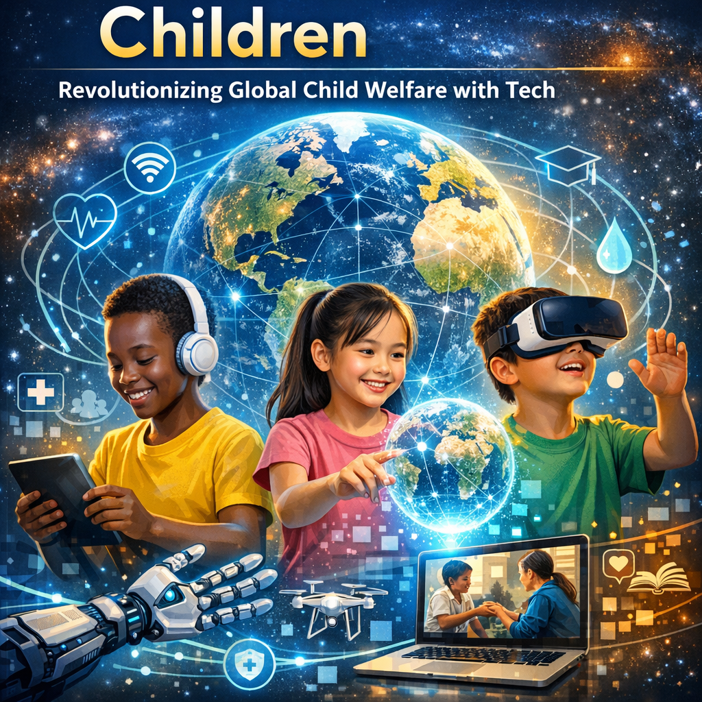Children using tablets in a classroom with a digital globe displaying.