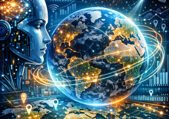 Graphic of AI technology connecting global data networks and satellites over a digital world map.
