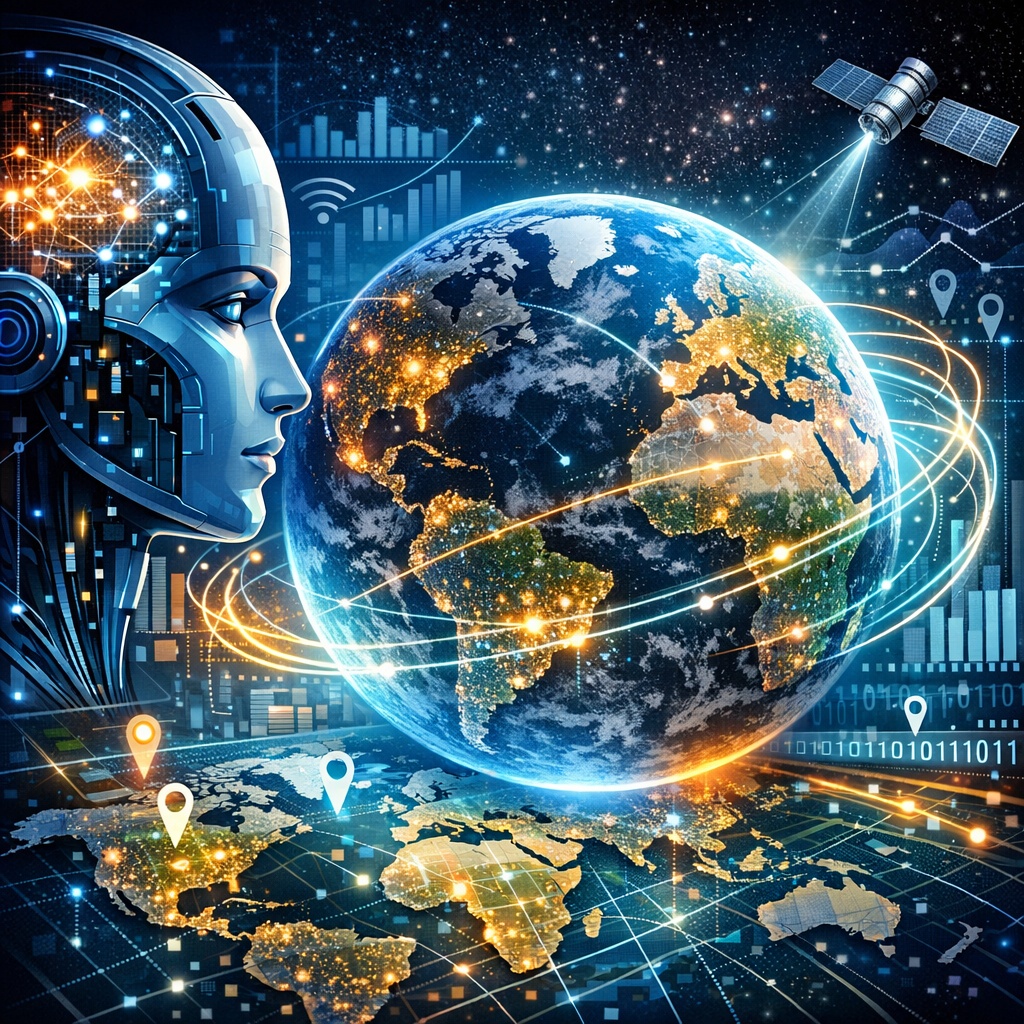 Graphic of AI technology connecting global data networks and satellites over a digital world map.