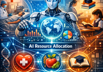 Illustration of AI managing resources in healthcare, education, and nutrition with futuristic technology elements.