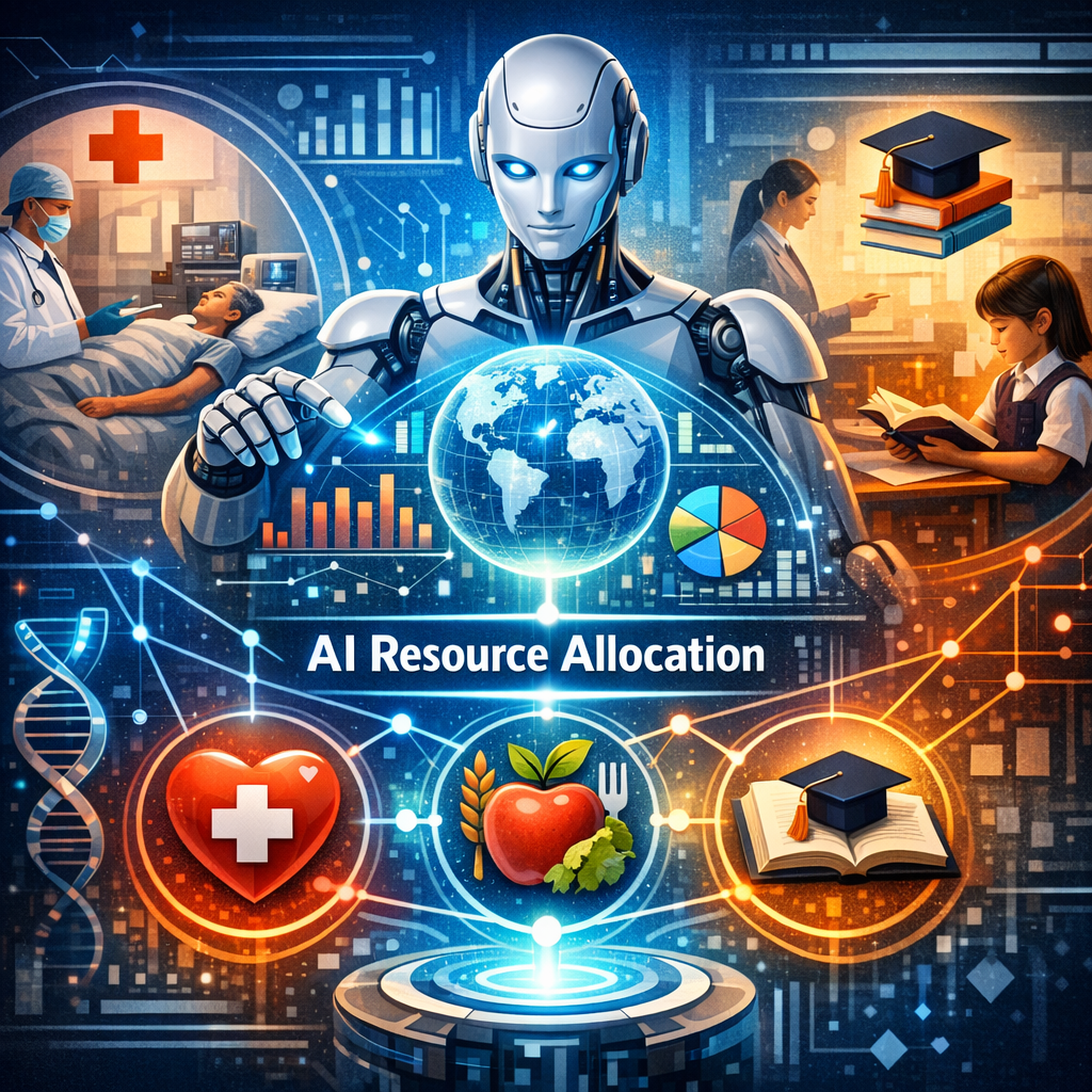 Illustration of AI managing resources in healthcare, education, and nutrition with futuristic technology elements.