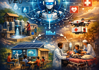Drones delivering water filters, medical supplies, and books to a remote village.