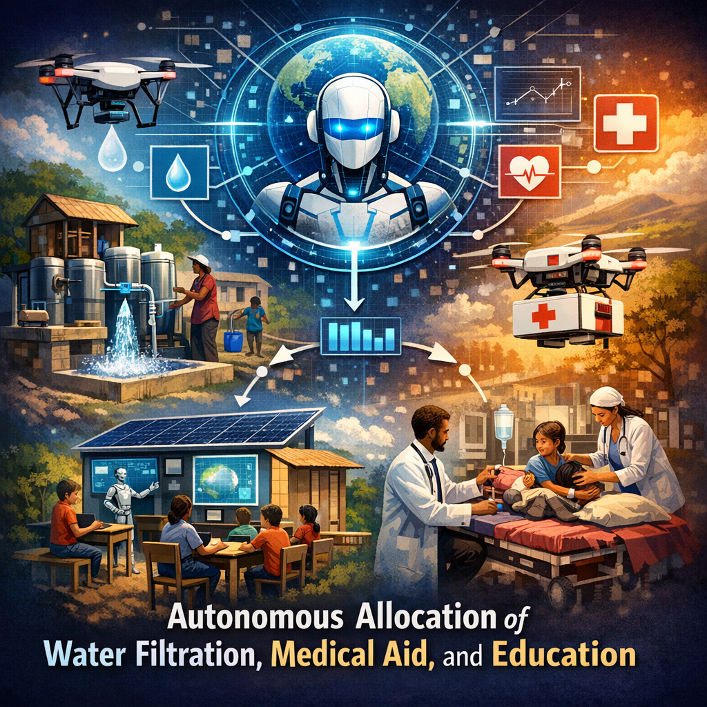 Drones delivering water filters, medical supplies, and books to a remote village.