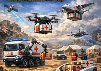 Drones, robots, and automated vehicles distribute aid in a remote area.
