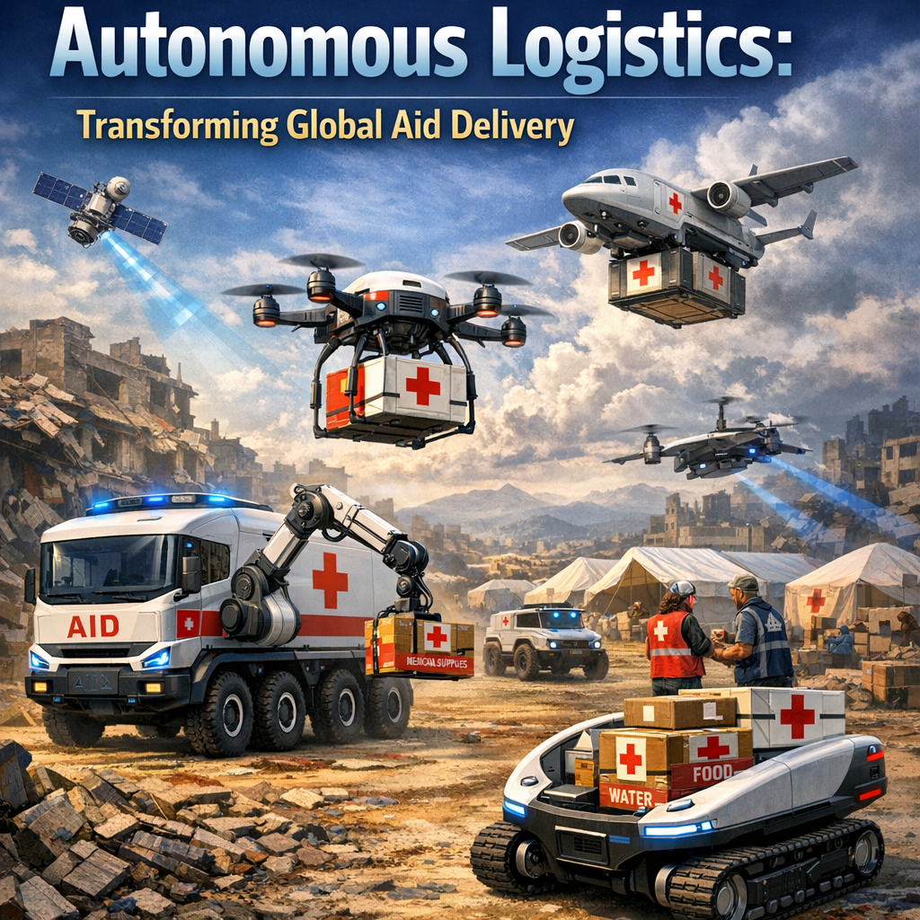 Drones, robots, and automated vehicles distribute aid in a remote area.