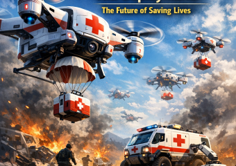 Autonomous drones and vehicles deploying medical aid in a disaster zone.