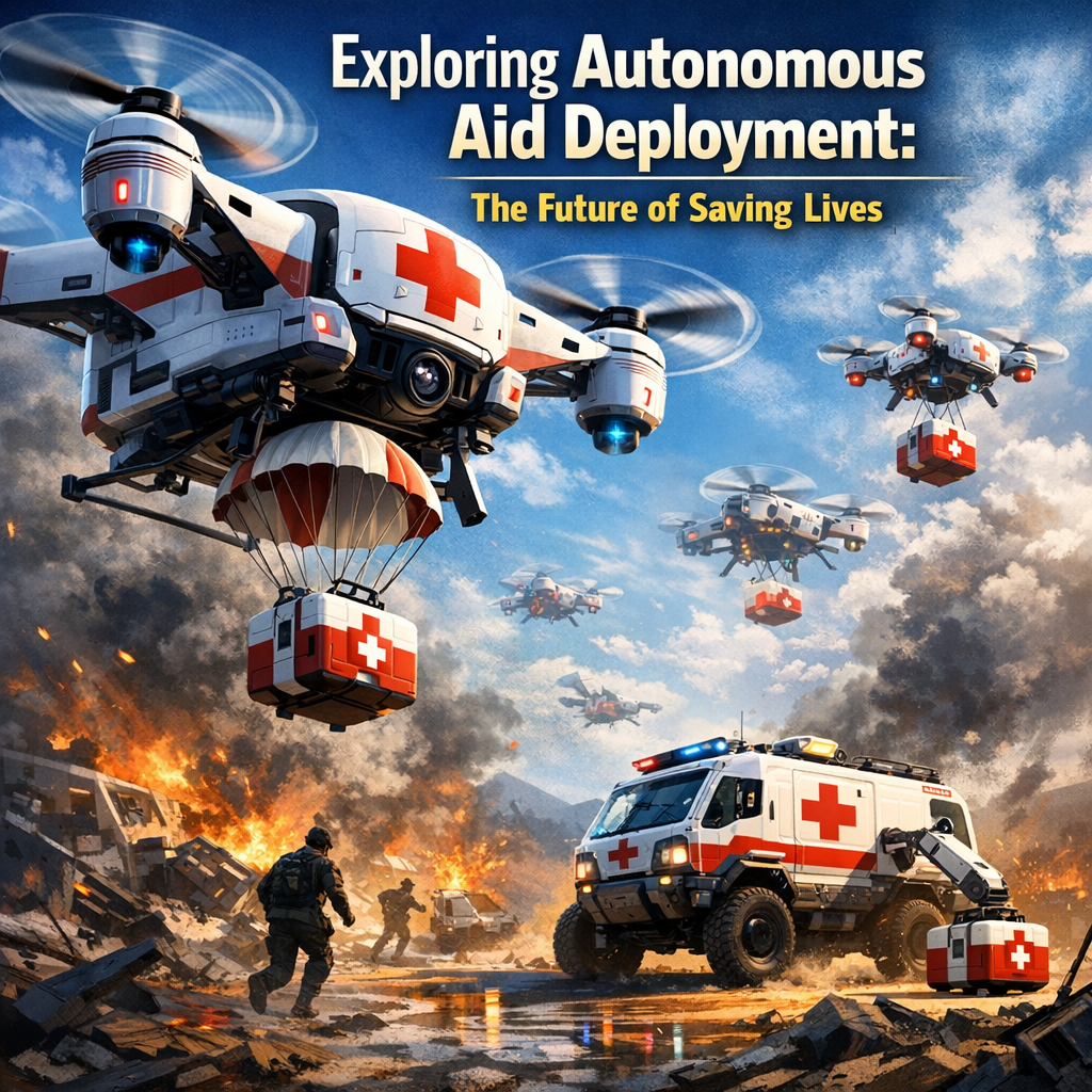 Autonomous drones and vehicles deploying medical aid in a disaster zone.