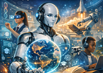 Futuristic classroom with AI robots interacting with diverse students using advanced technology.