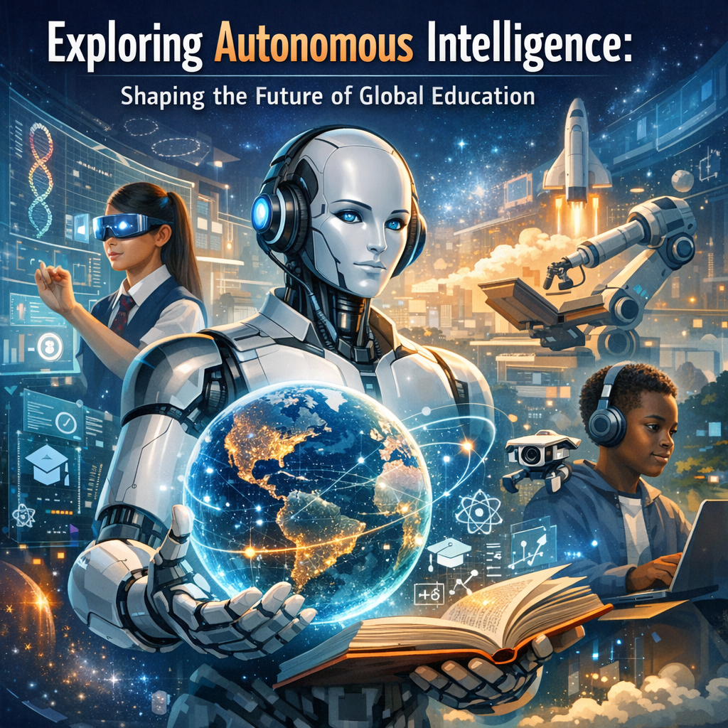 Futuristic classroom with AI robots interacting with diverse students using advanced technology.