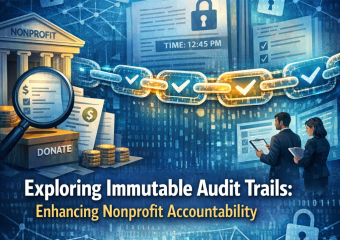 Digital illustration of blockchain technology used in nonprofit audit trails for accountability.