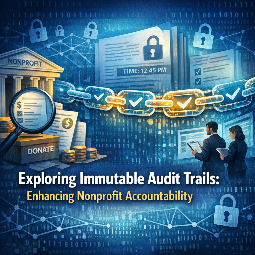 Digital illustration of blockchain technology used in nonprofit audit trails for accountability.
