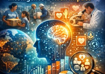 Digital illustration of a nonprofit organization using data analytics and technology for societal impact.