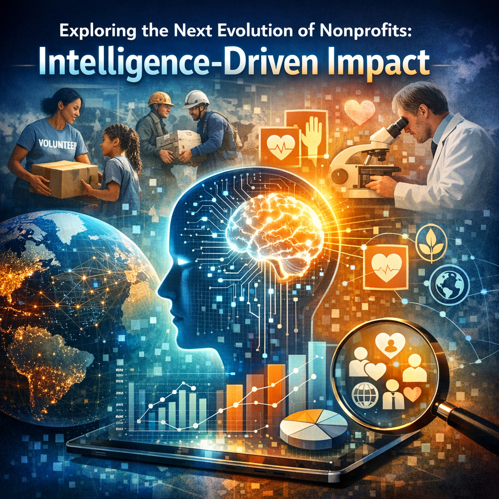 Digital illustration of a nonprofit organization using data analytics and technology for societal impact.