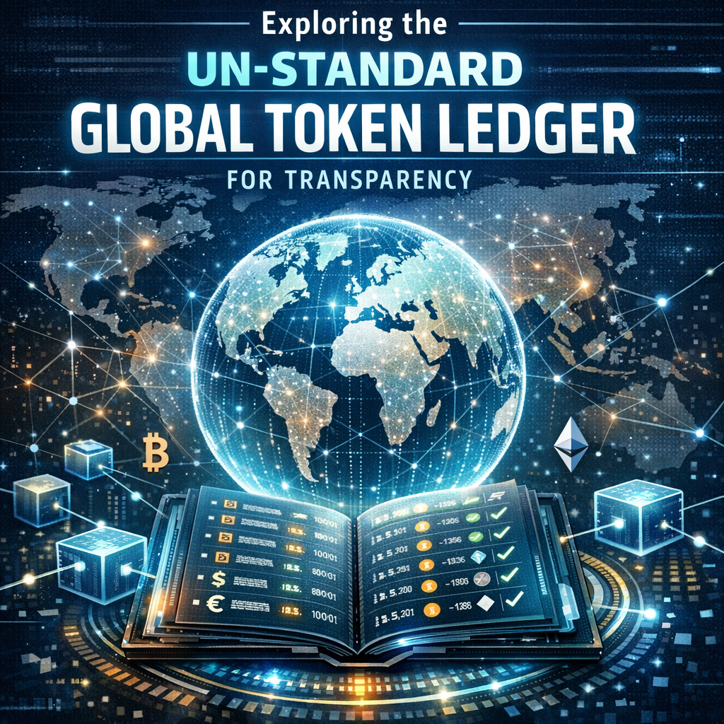 Digital illustration of a blockchain network and global token ledger promoting transparency in cryptocurrency transactions.