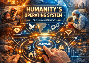 Futuristic interface showing global crisis management system with digital maps and response tools.
