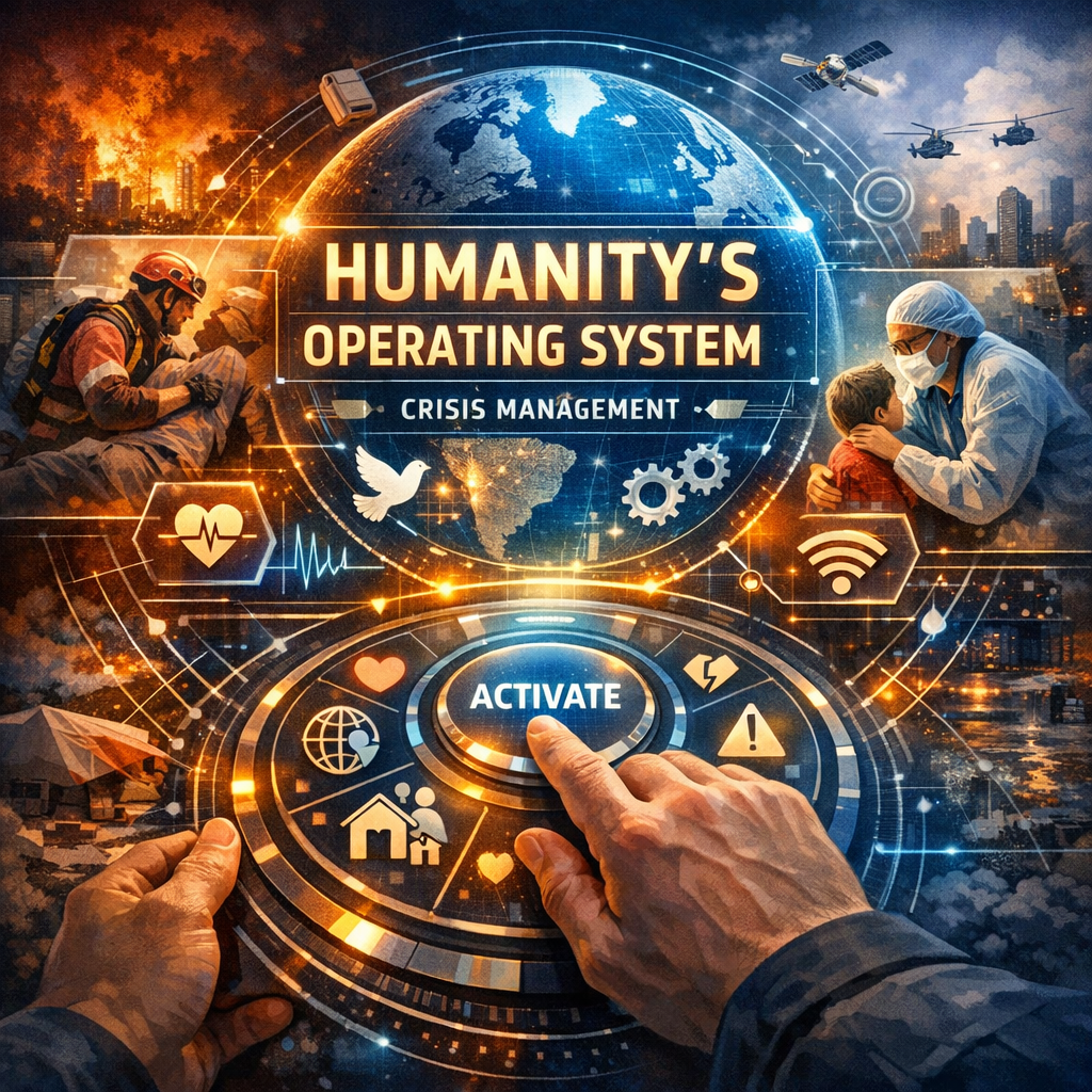 Futuristic interface showing global crisis management system with digital maps and response tools.