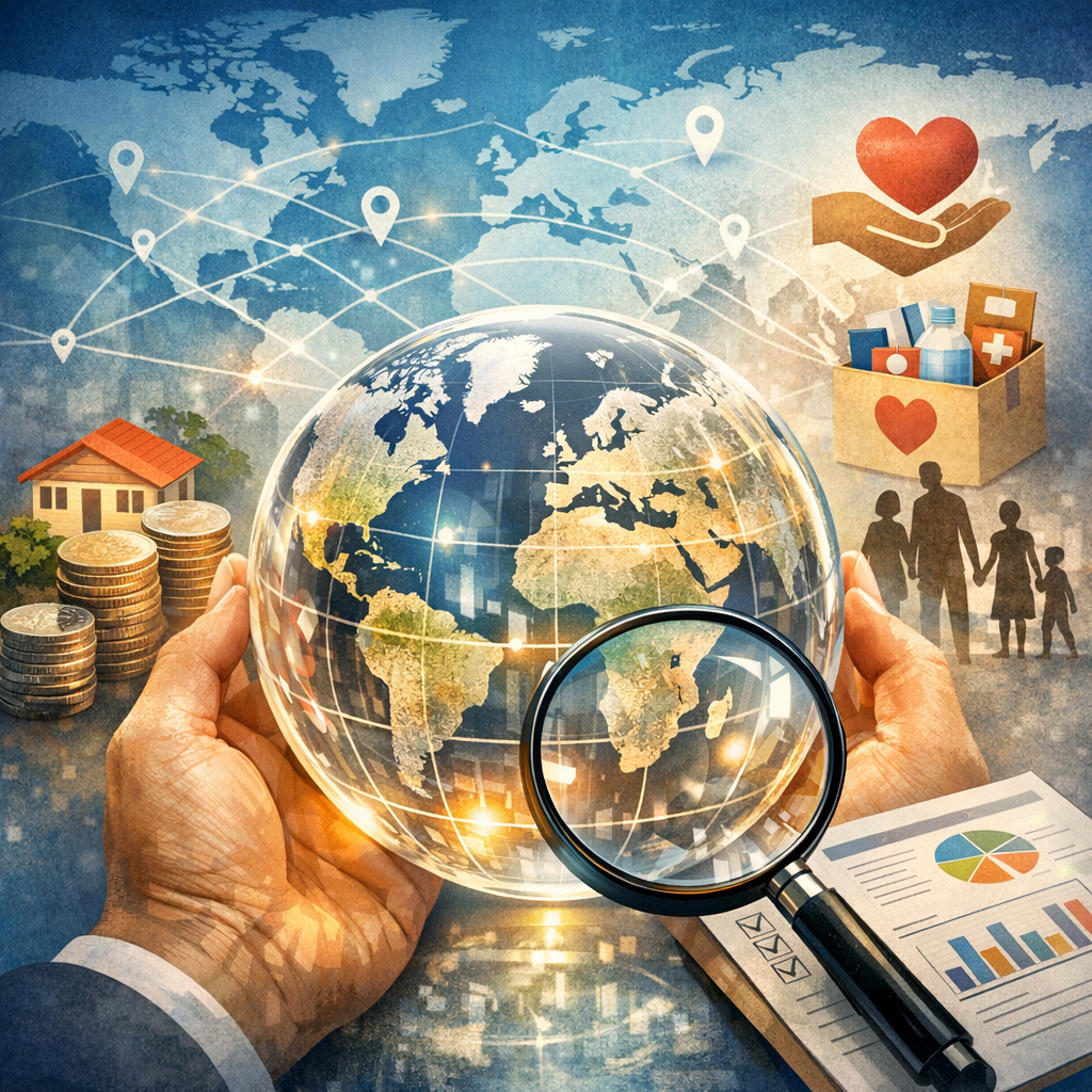 Hands holding a globe under a magnifying glass, with finance, charity, and family icons around it.
