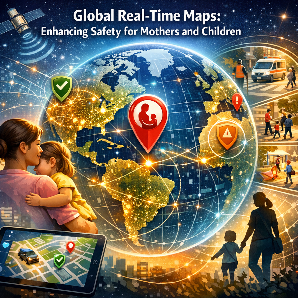 Interactive map on a screen showing real-time tracking and alerts for mother and child safety.
