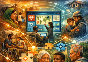 Illustration of diverse people discussing over a high-tech aid platform blueprint.