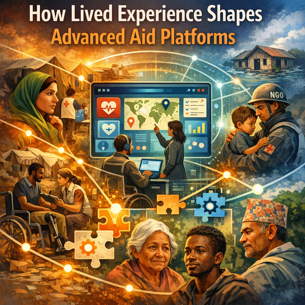 Illustration of diverse people discussing over a high-tech aid platform blueprint.