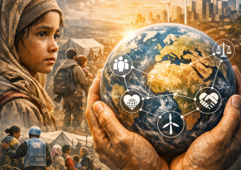 Hands holding a globe with icons, refugees, and a city skyline, symbolizing global responsibility.