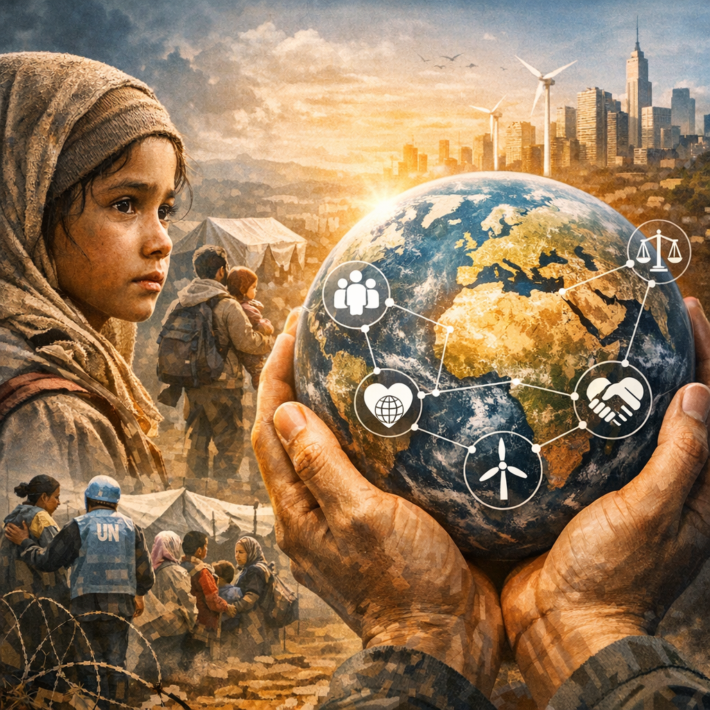 Hands holding a globe with icons, refugees, and a city skyline, symbolizing global responsibility.