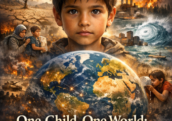 Child holding a glowing Earth in hands, with visible environmental disasters in the background.