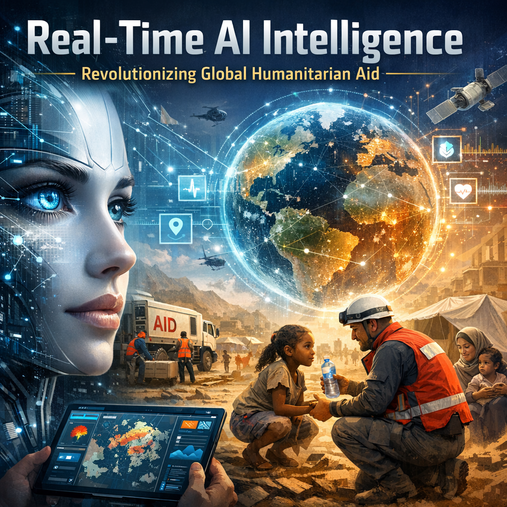 A digital globe displaying real-time AI analytics for humanitarian aid.