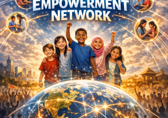 Diverse group of children holding hands around a globe with SaveWorldChildren logos.