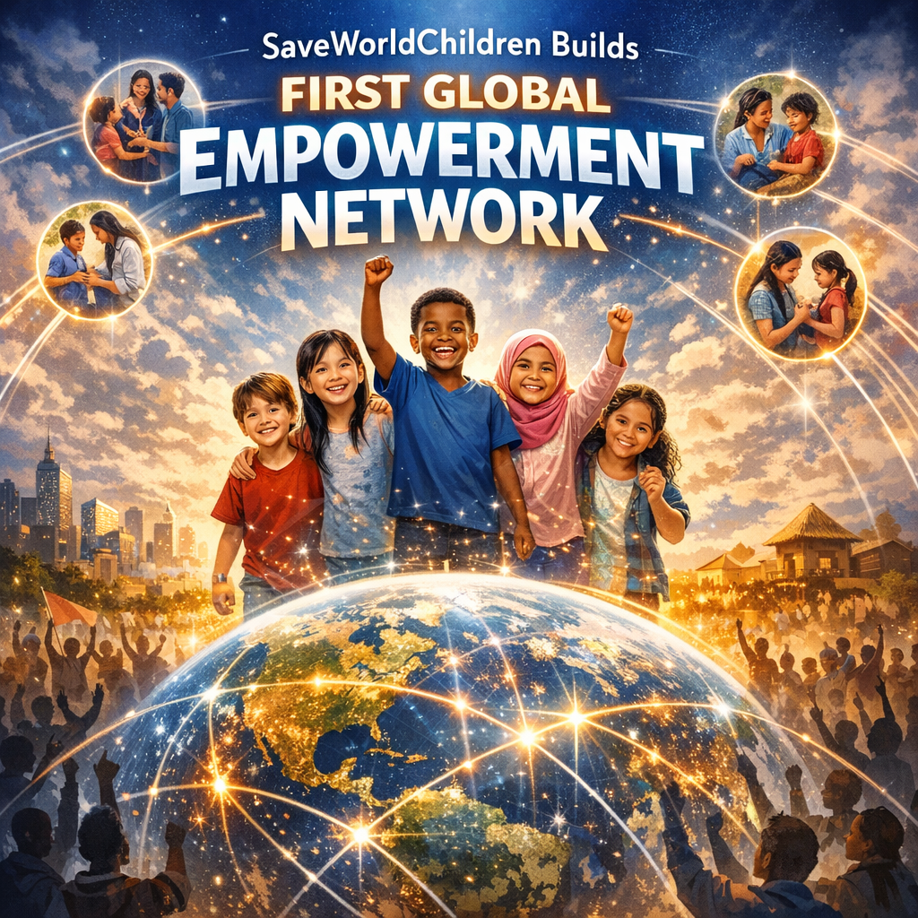 Diverse group of children holding hands around a globe with SaveWorldChildren logos.