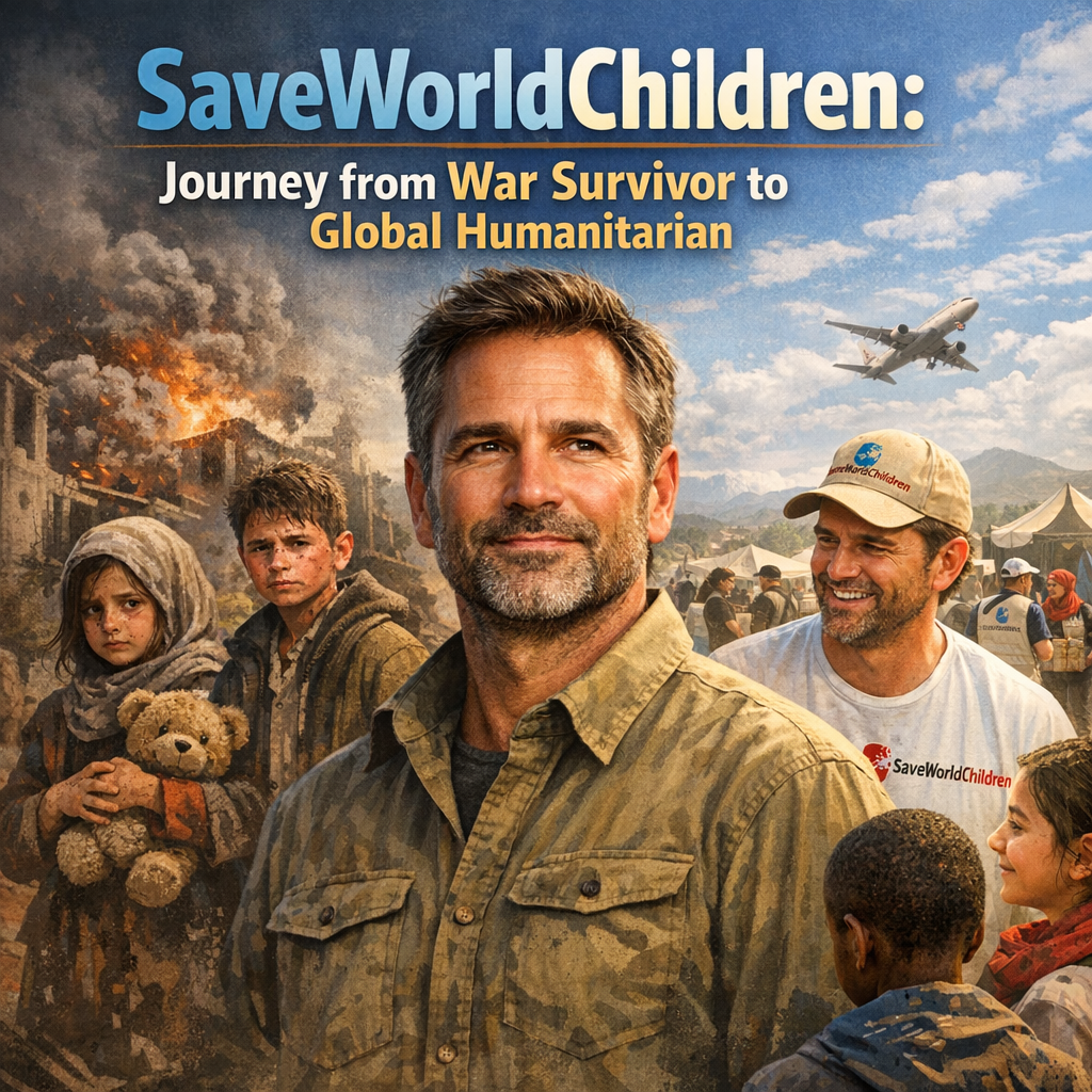 Katia Munezero, founder of SaveWorldChildren, helping a child in a conflict zone.