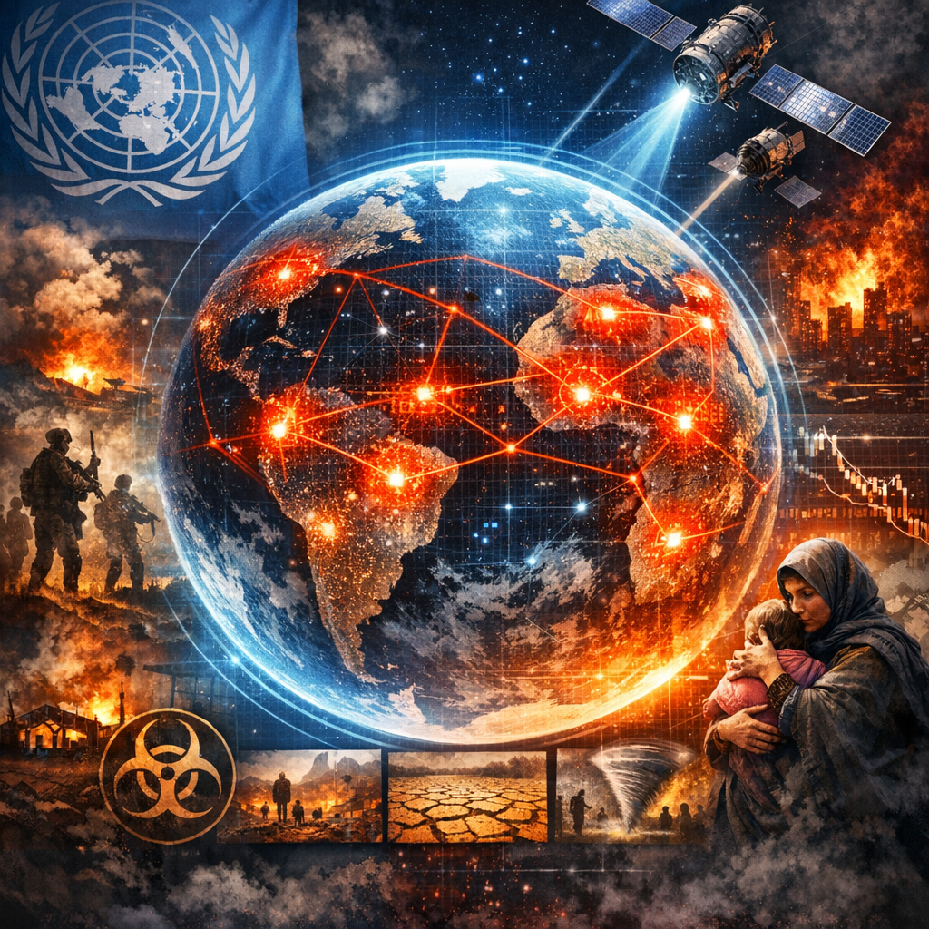 Map showing global crisis zones connected by satellite links over scenes of war, disaster, and humanitarian aid.