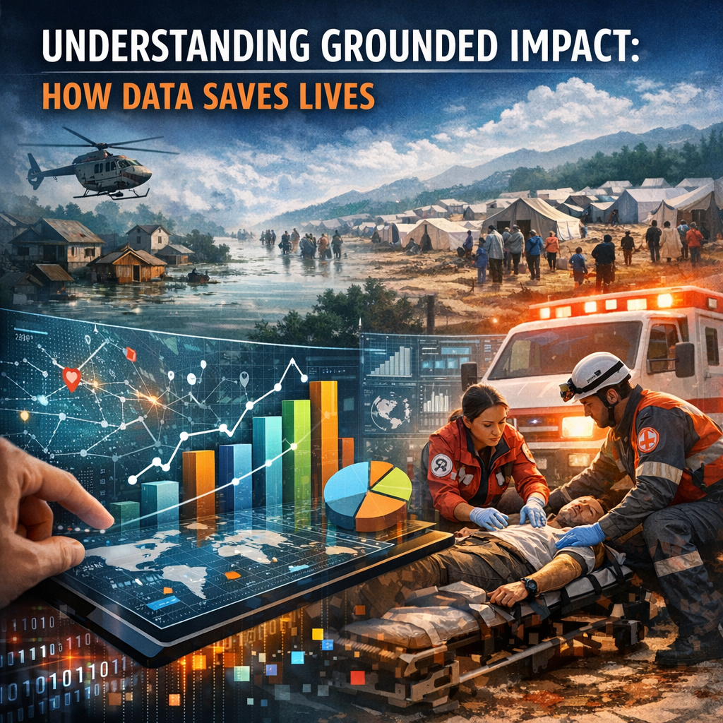 Illustration of data analytics and emergency response teams coordinating during a natural disaster.