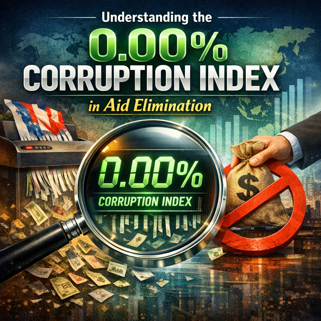 Illustration of a magnifying glass over money symbols, explaining the 0.00% Corruption Index in aid elimination.