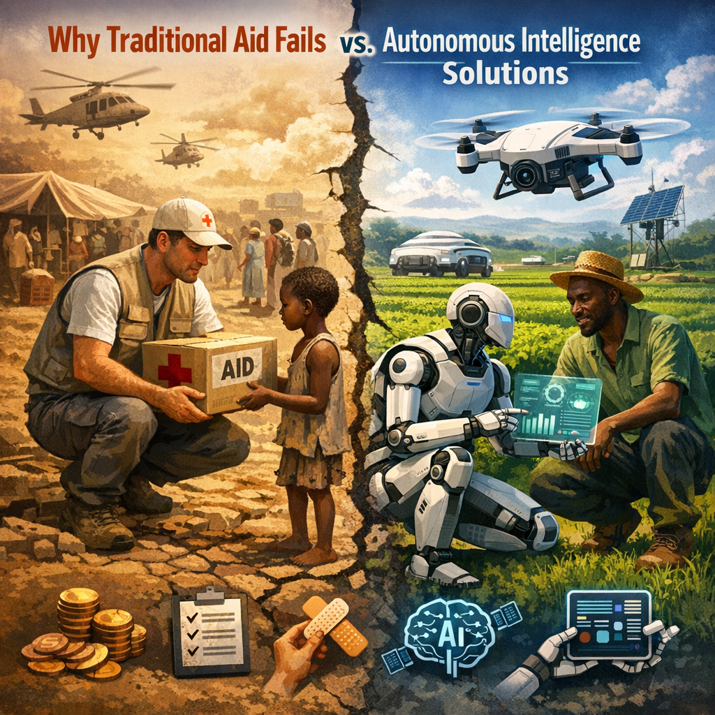 Illustration comparing traditional aid methods with autonomous intelligence solutions in humanitarian efforts.
