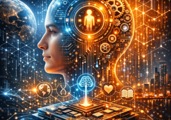 Futuristic AI head with digital brain and assorted technology icons symbolizing innovation.