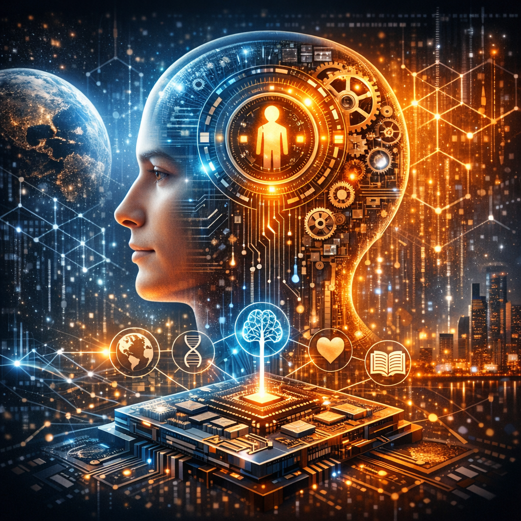 Futuristic AI head with digital brain and assorted technology icons symbolizing innovation.