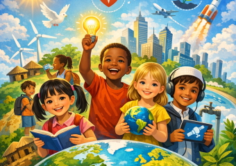 Diverse children studying sustainability around a globe, city and nature in the background.