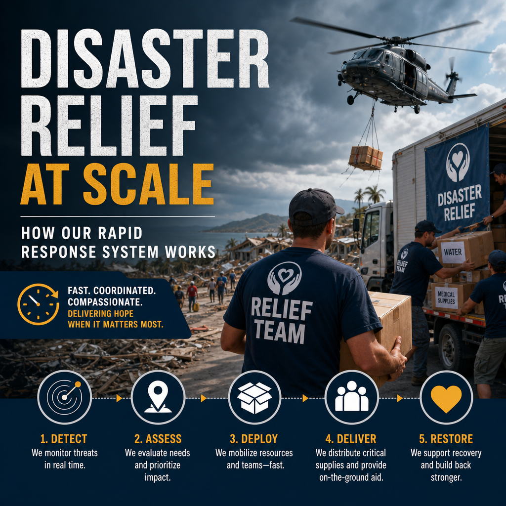 Disaster relief team coordinates helicopter delivery of emergency (Incomplete: max_output_tokens)
