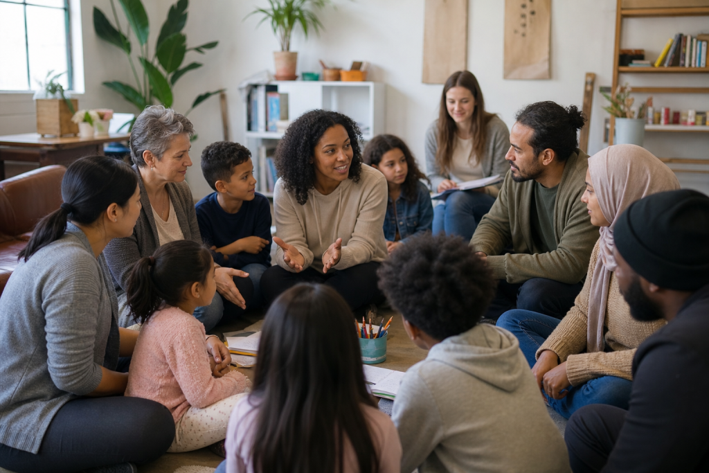 A diverse group of adults and children sit in a circle, talking together in a welcoming living room