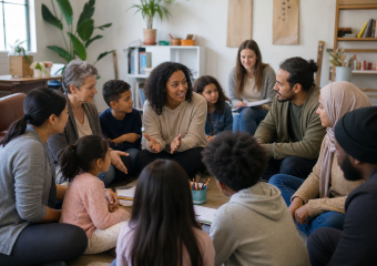 A diverse group of adults and children sit in a circle, talking together in a welcoming living room