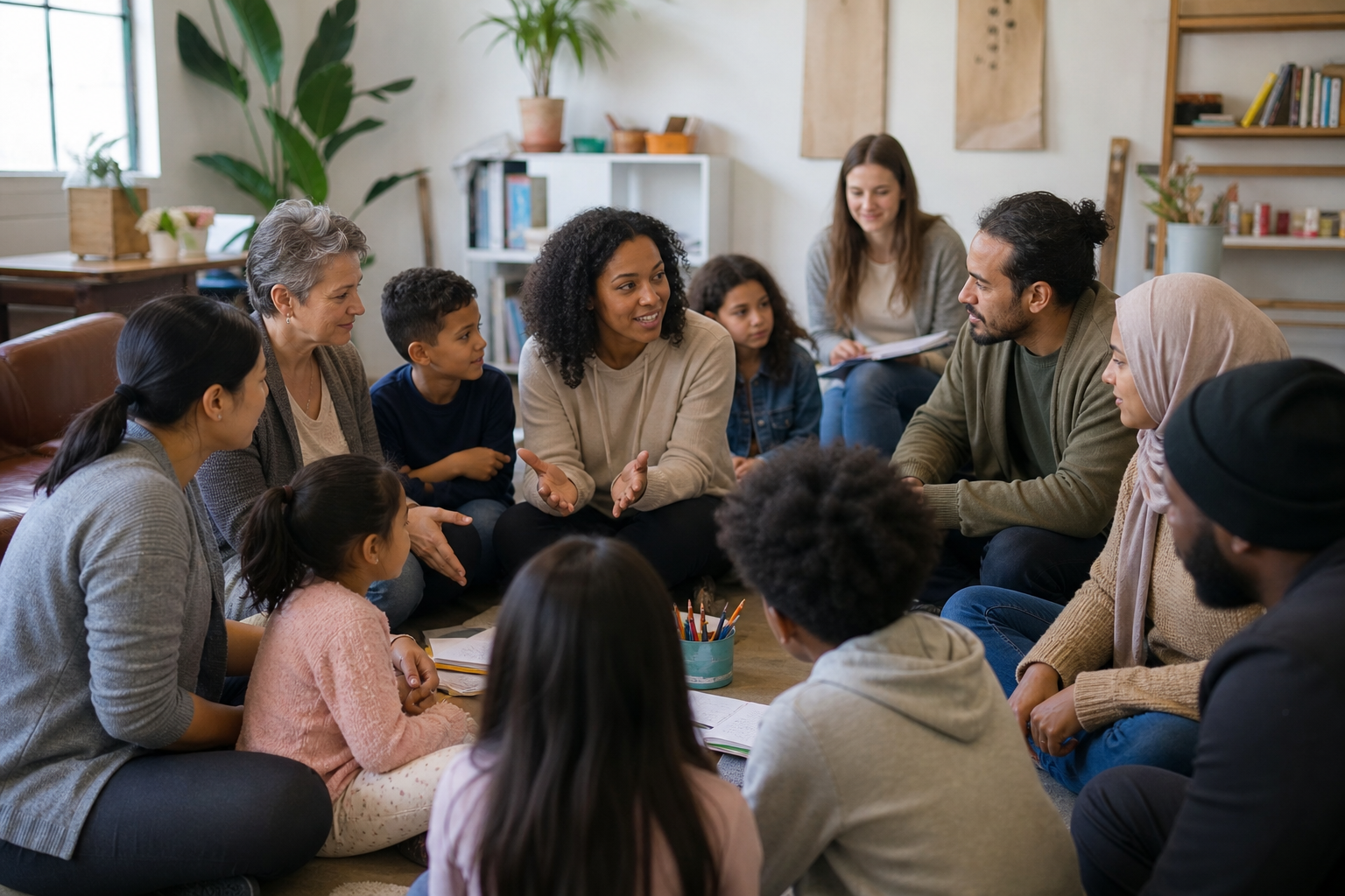 A diverse group of adults and children sit in a circle, talking together in a welcoming living room