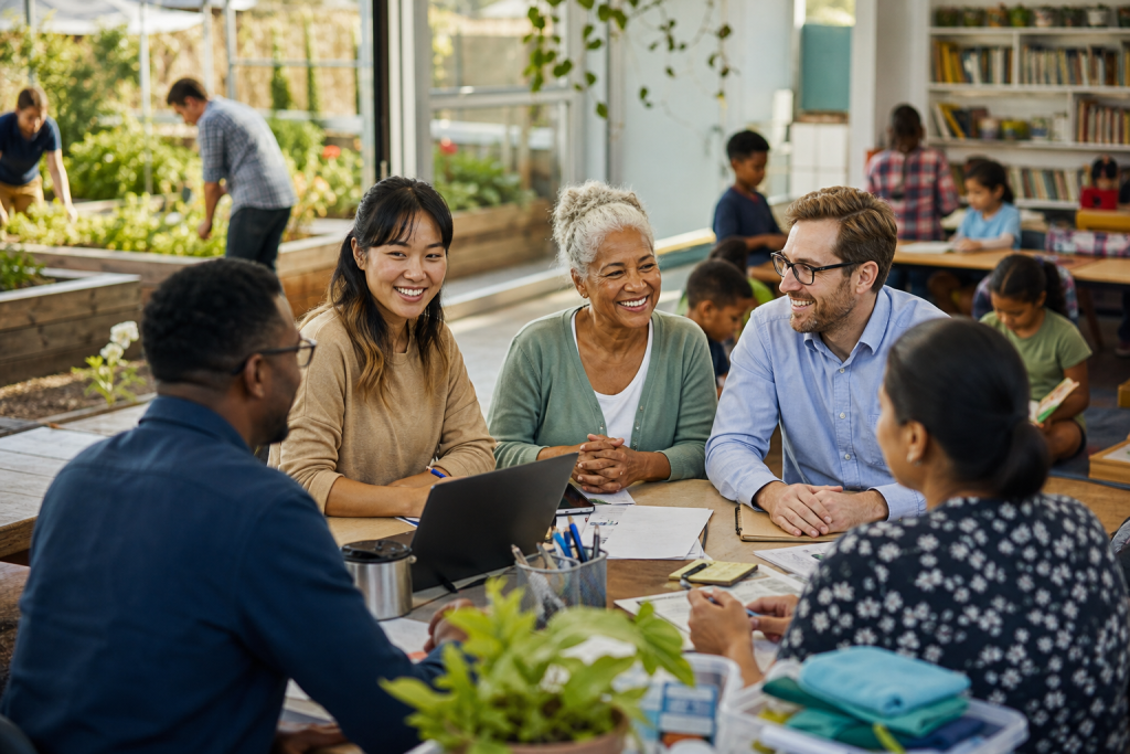 Adults collaborate around a table in a bright community classroom with children, bookshelves, and indoor garden beds