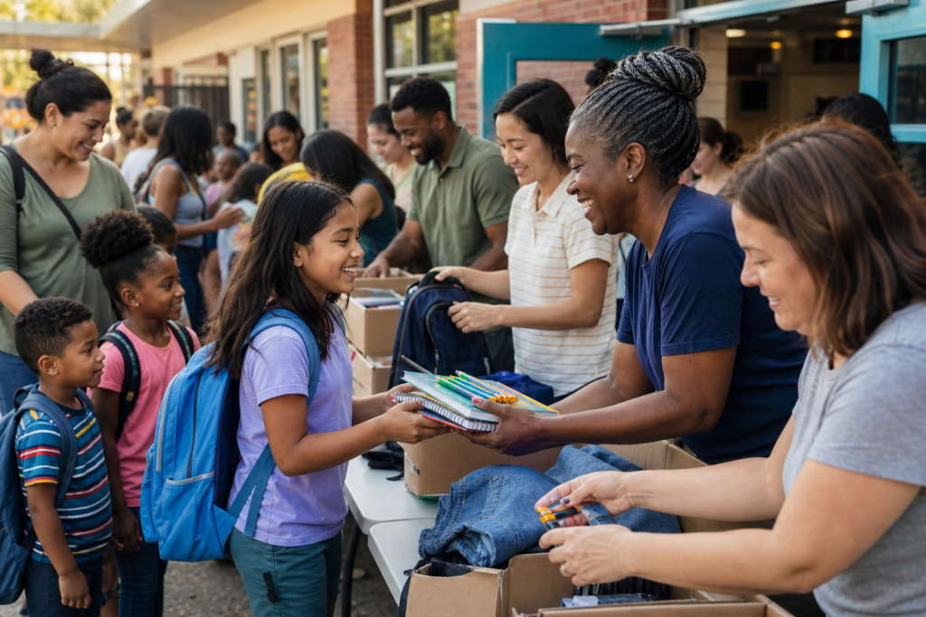 Adults distribute school supplies and clothing to children outside a school