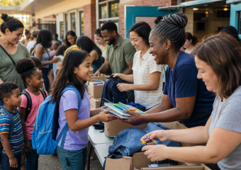 Adults distribute school supplies and clothing to children outside a school