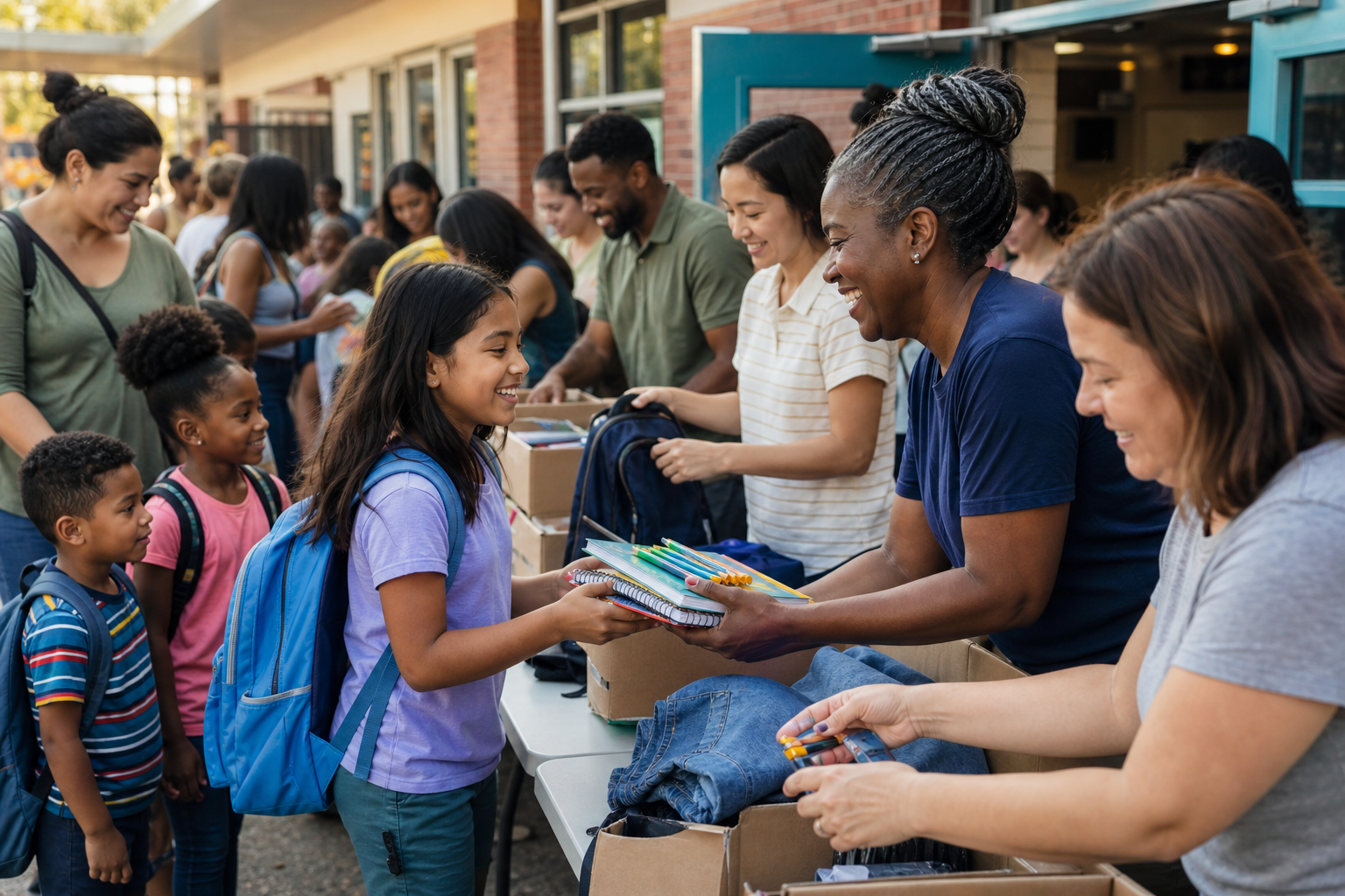 Adults distribute school supplies and clothing to children outside a school