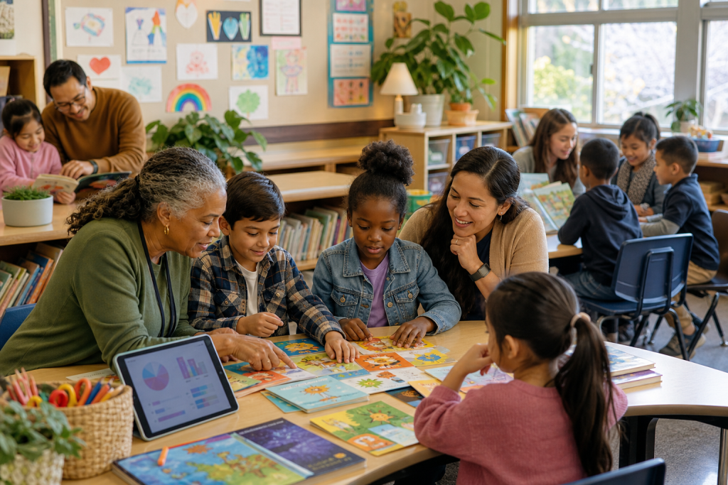 Children and adults collaborate on an educational activity around a table in a classroom library