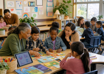 Children and adults collaborate on an educational activity around a table in a classroom library