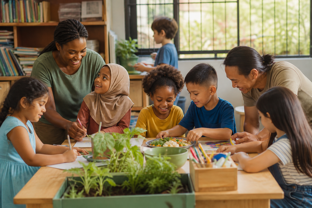 Children and adults gather around a table for an art and gardening activity in a classroom